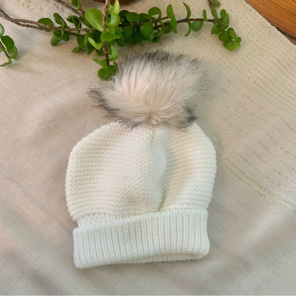Mebi Designer Knit Baby Hat with Faux Fur Pom Pom